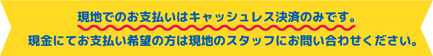 現地でのお支払いはキャッシュレス決済のみです。現金にてお支払い希望の方は現地のスタッフにお問い合わせください。