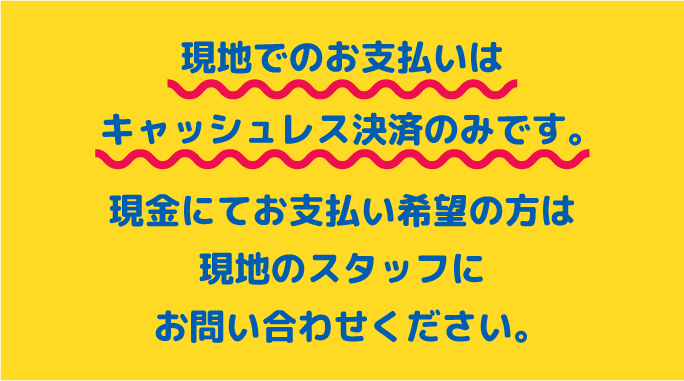 現地でのお支払いはキャッシュレス決済のみです。現金にてお支払い希望の方は現地のスタッフにお問い合わせください。