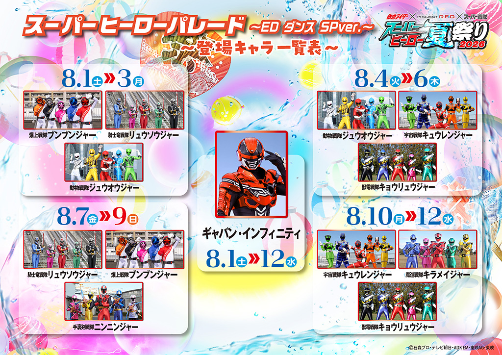 ~登場キャラクター一覧表~
■ ギャバン・インフィニティ
登場期間: 8.1(土) ≫ 12(水) 全日程登場
■ 8.1(土) ≫ 3(月)
爆上戦隊ブンブンジャー、騎士竜戦隊リュウソウジャー、動物戦隊ジュウオウジャー
■ 8.4(火) ≫ 6(木)
動物戦隊ジュウオウジャー、宇宙戦隊キュウレンジャー、獣電戦隊キョウリュウジャー
■ 8.7(金) ≫ 9(日)
騎士竜戦隊リュウソウジャー、爆上戦隊ブンブンジャー、手裏剣戦隊ニンニンジャー
■ 8.10(月) ≫ 12(水)
宇宙戦隊キュウレンジャー、魔進戦隊キラメイジャー、獣電戦隊キョウリュウジャー